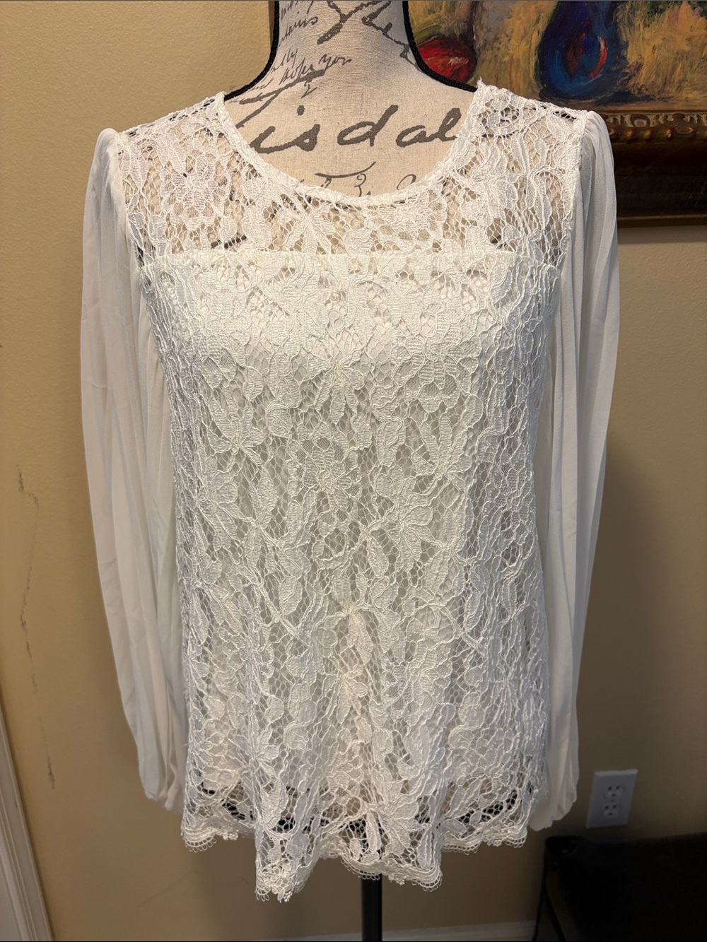 Halogen Illusion & lined lace overlay with wide Pleated Long-Sleeve Blouse